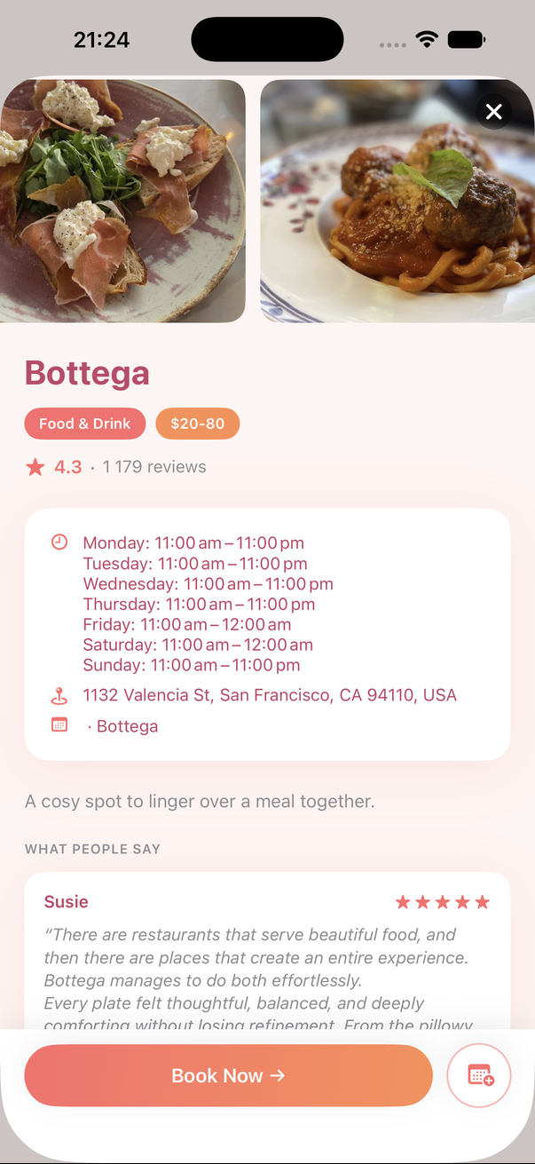 A venue with its price range, hours and reviews